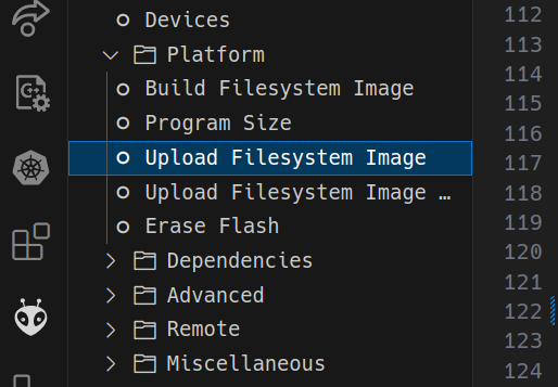Platformio menu with "Upload Filesystem Image" item highlighted